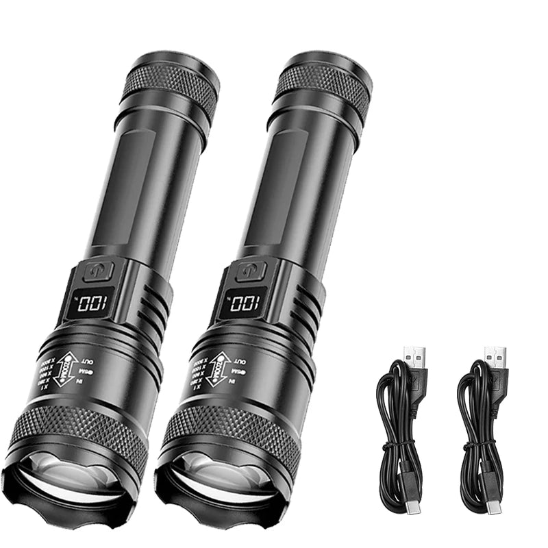 2000 Lumen P50 LED Tactical Flashlight – IP67 Waterproof, Telescopic Zoom, LCD Display, Type-C Rechargeable
