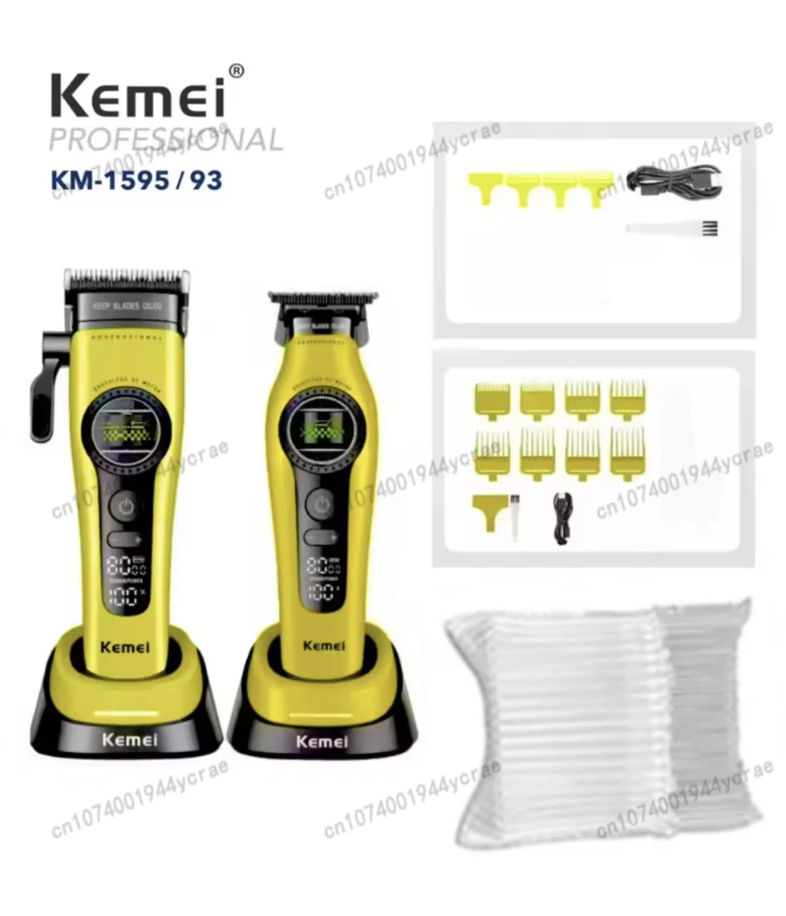 Kemei KM-1593 / KM-1595 Brushless Hair Clipper – DLC Blade, 8000 RPM, 200-Min Runtime, USB-C