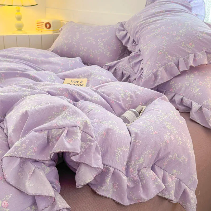 Lace Ruffle Duvet Cover – Printed Floral Comforter Cover for Adults & Kids, Single to King