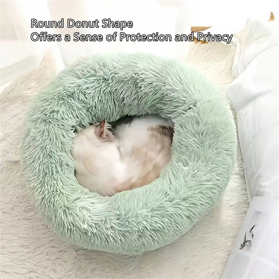 Plush Faux Fur Donut Pet Bed – Warm Calming Round Bed for Small & Medium Dogs & Cats