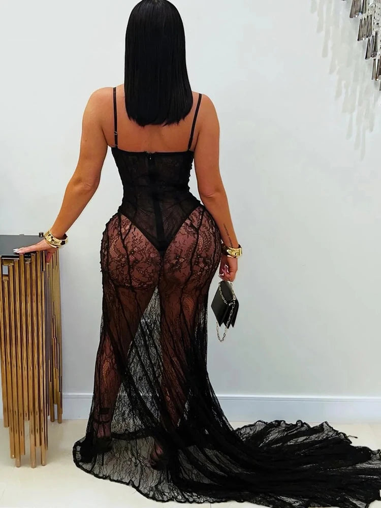 Sheer Lace Floral Bodysuit Dress — Strapless Mesh Night Out Gown