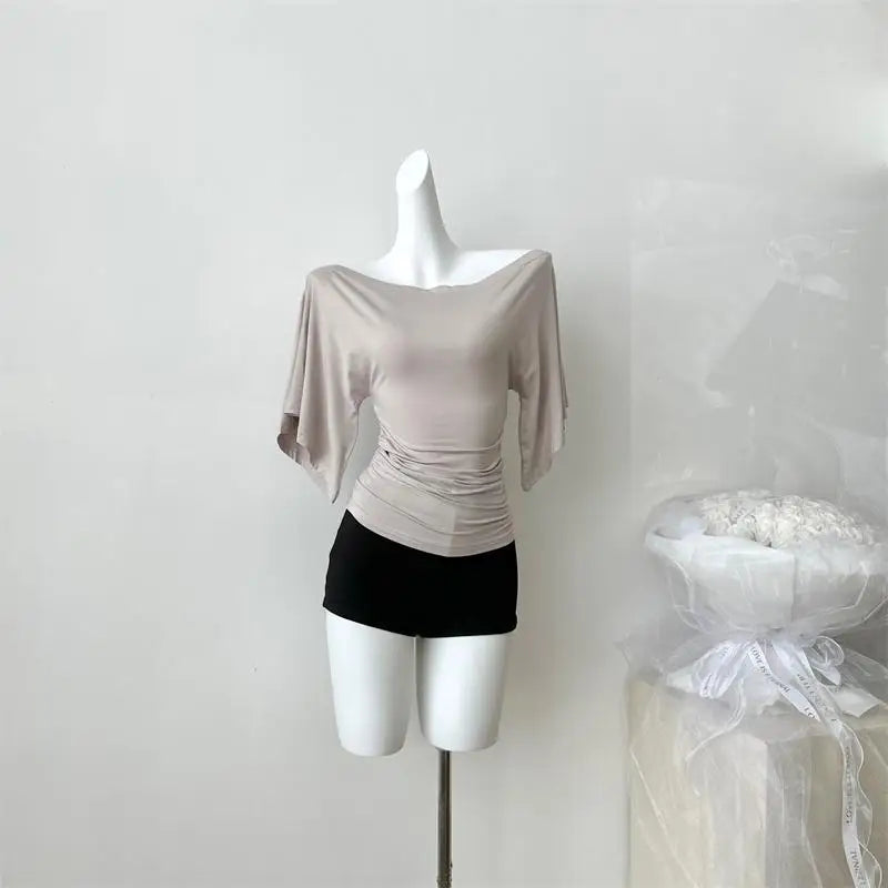 Women's Slash Neck Flare Sleeve Slim Pleated T-Shirt – Sexy Solid Color Pullover Top