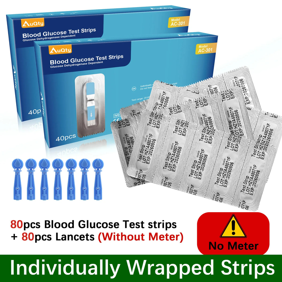 Wcore AC-301 Blood Glucose Meter Kit – Individually Wrapped Test Strips, Ketone Warning, mg/dL & mmol/L, 5-Second Results