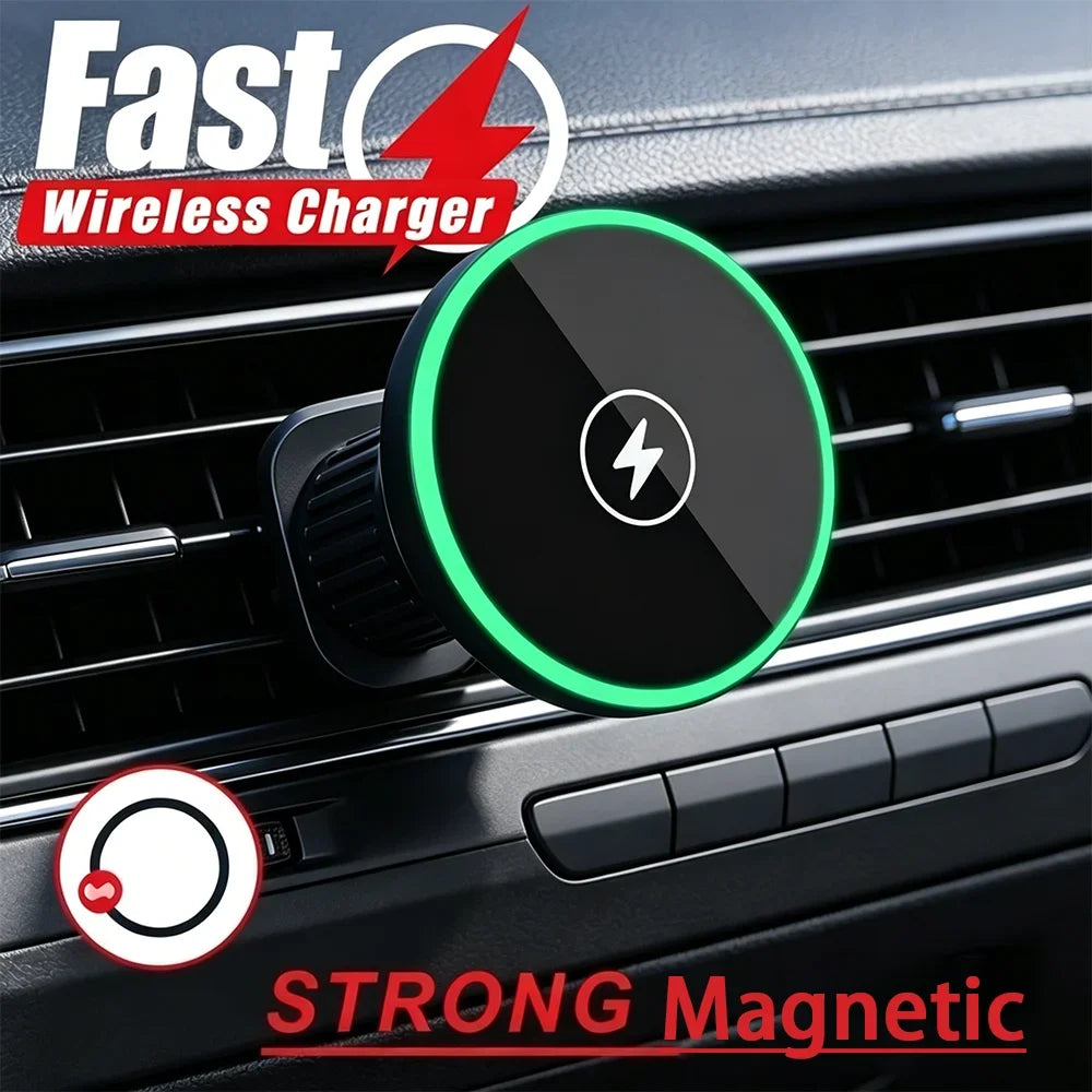 30W Magnetic Car Wireless Charger with LED Light – Phone Mount for iPhone 12–17 Pro Max
