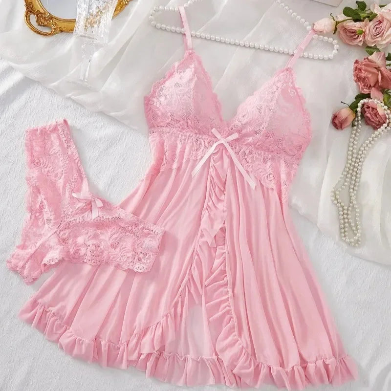 Lace Bra & Slip Nightdress Set — Wire-Free Sexy Sleepwear