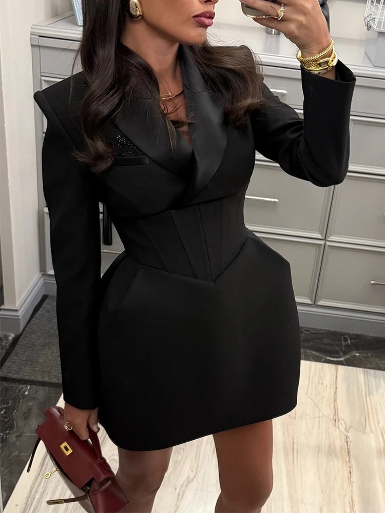 Waist-Cinching Blazer Mini Dress — V-Neck Full Sleeve Slim Office Dress