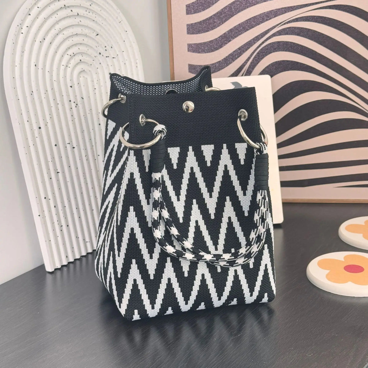 Mini Knitted Geometric Colorblock Bucket Bag – Detachable Handle Wristlet Purse for Women