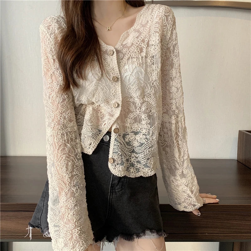Women's Vintage Sheer Lace Blouse – Long Sleeve See-Through Sun Shirt Korean Style Casual Top