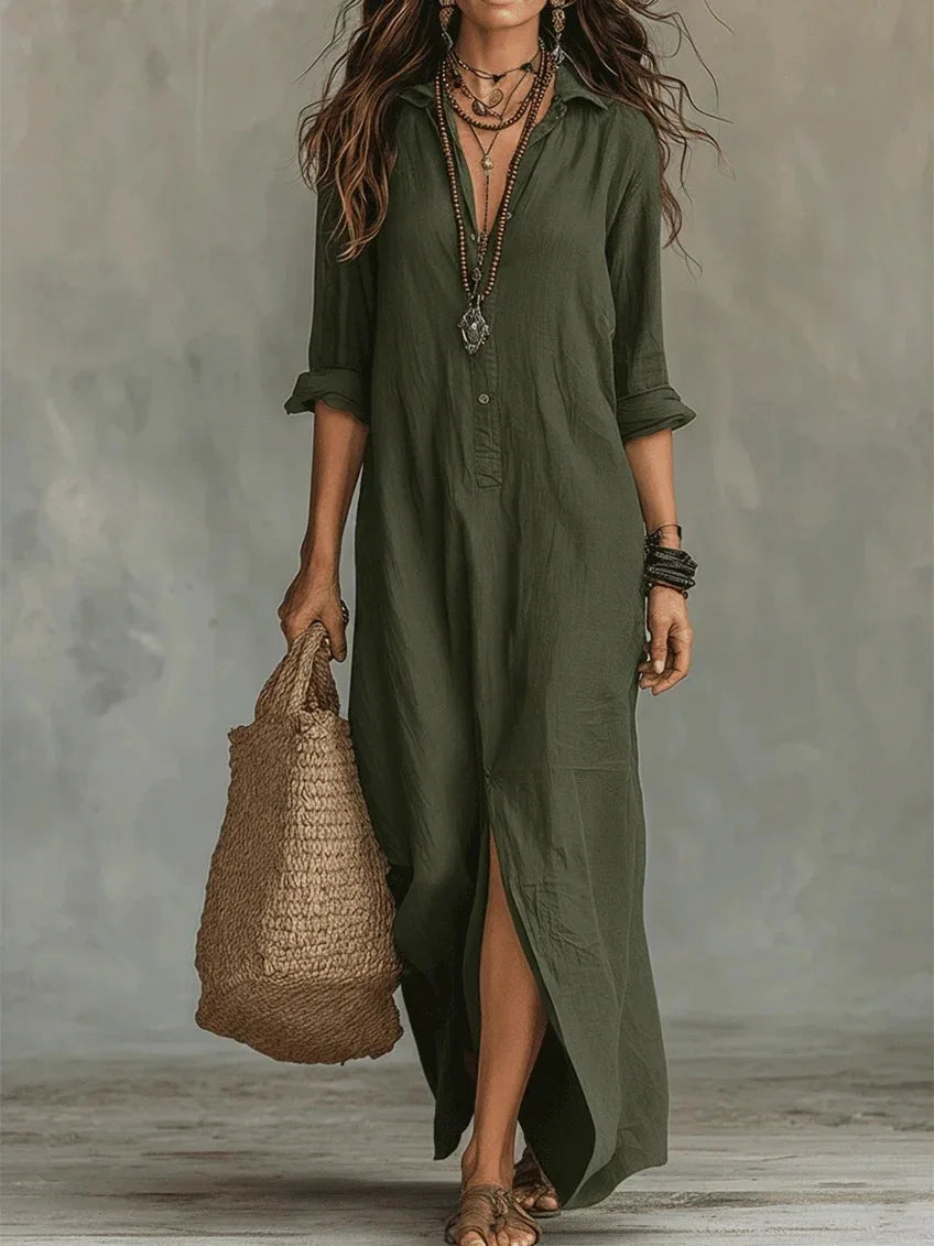 Women's Casual Long Sleeve Loose Maxi Dress – Solid Color Turn-Down Collar Beach & Elegant Dress