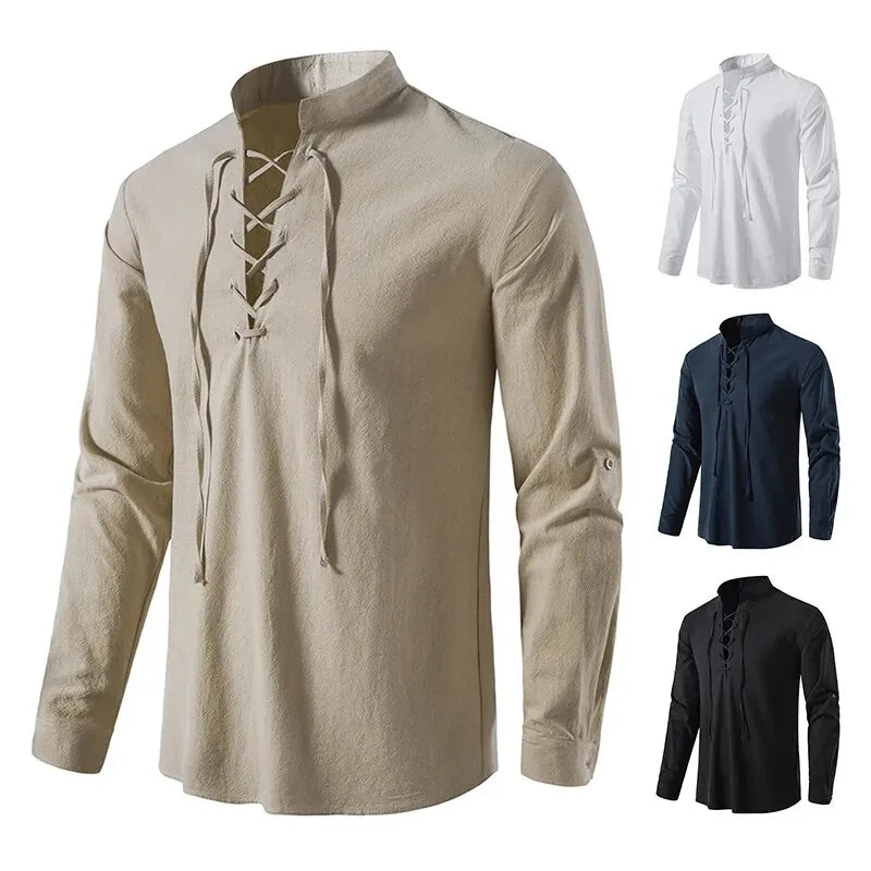 Men's Cotton Linen Drawstring Long Sleeve Shirt — Vintage Casual US Size Top