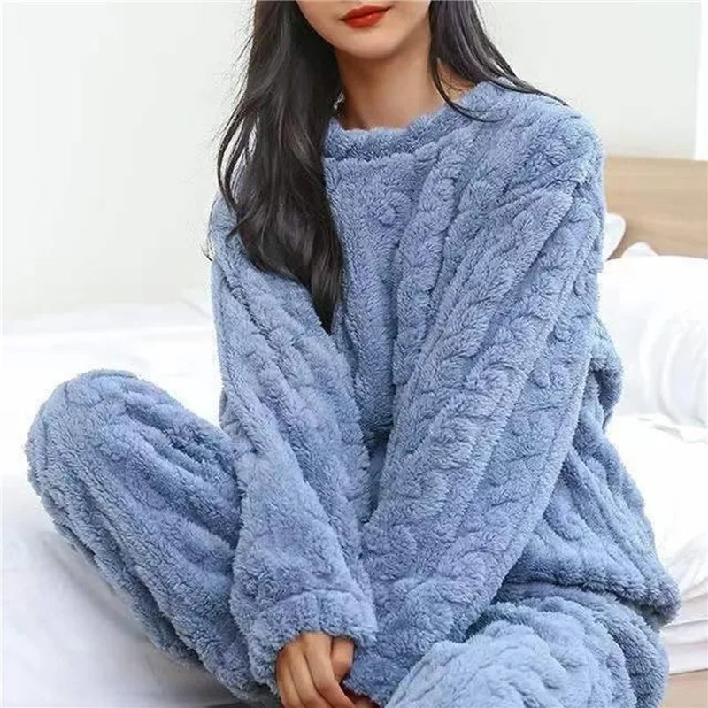Women's Winter Plush Fleece Pajama Set – Thick Warm Jacquard Loungewear, 6 Colors