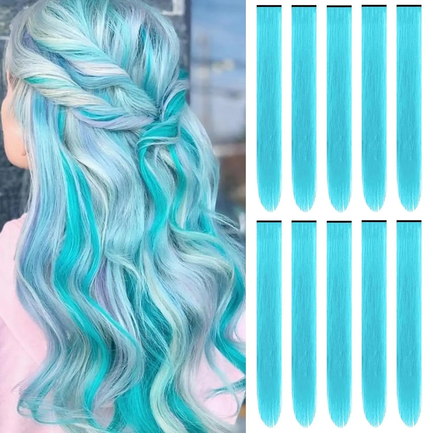 Synthetic 10PC Colored Clip-In Hair Extensions — Kinky Straight, High Temp Fiber, 70g Set