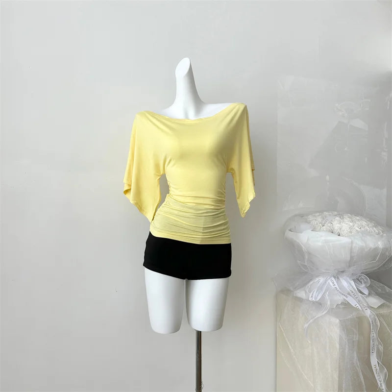 Women's Slash Neck Flare Sleeve Slim Pleated T-Shirt – Sexy Solid Color Pullover Top