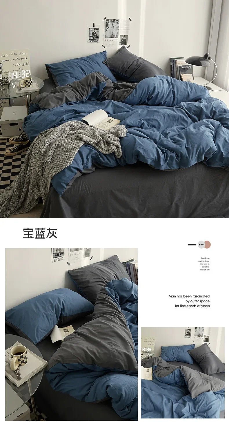 Solid Color Washed Cotton Bedding Set – 4-Piece Duvet Cover, Bed Sheet & Pillowcases, Twin to King