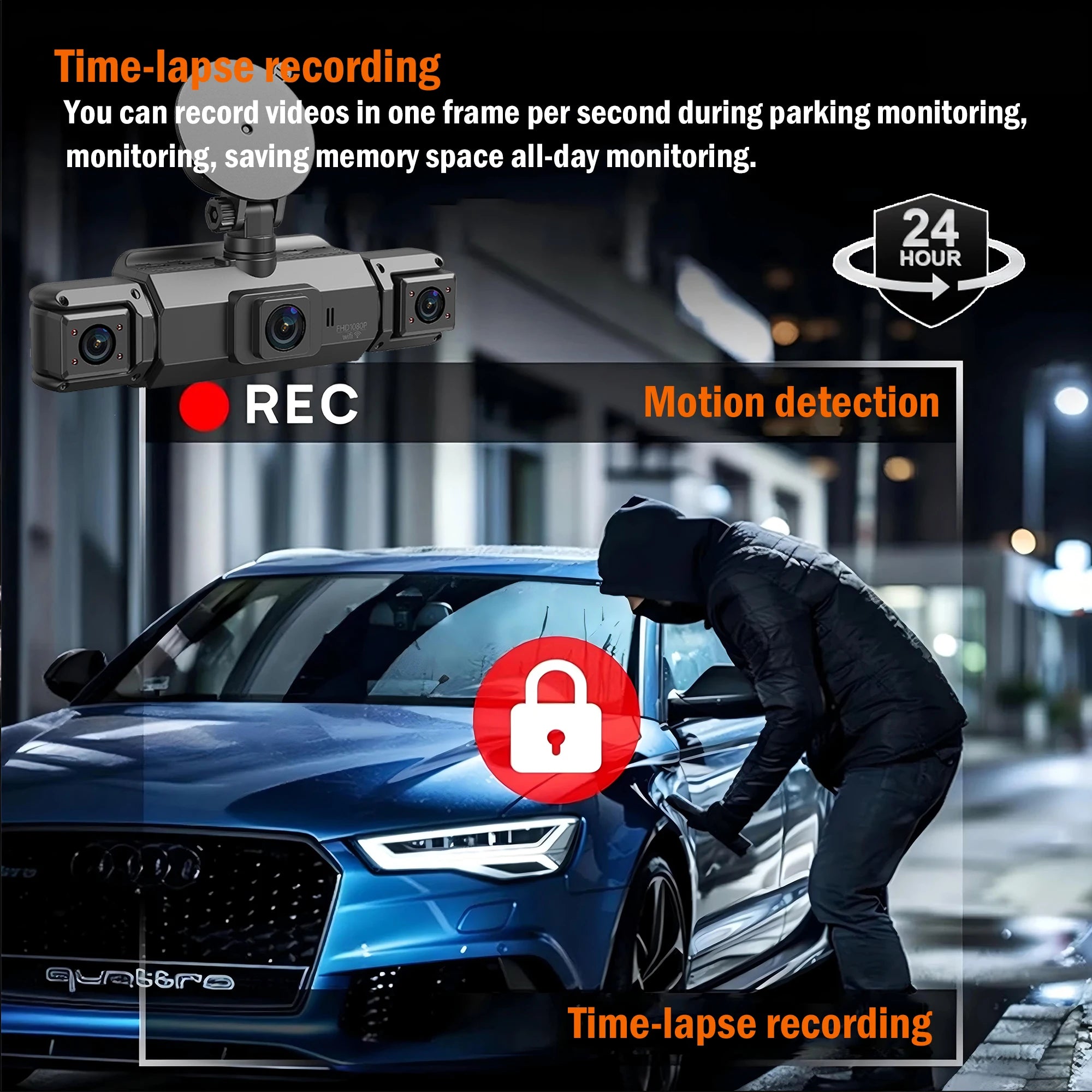 4-Channel WiFi Dashcam – FHD 1080P, Night Vision, Loop Recording, Parking Monitor | Front + Rear + Side
