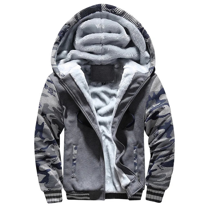 Men's Camouflage Fleece Hooded Zip Jacket – Thick Streetwear Coat for Autumn & Winter
