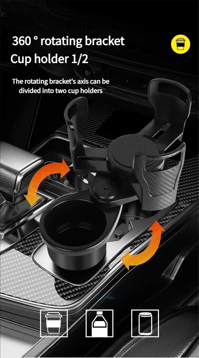 A black 360-degree rotating car cup holder shown installed in a car center console, with text explaining that the rotating bracket's axis can be divided into two cup holders. Orange arrows indicate rotation, and small icons at the bottom show cup, bottle, and can shapes.