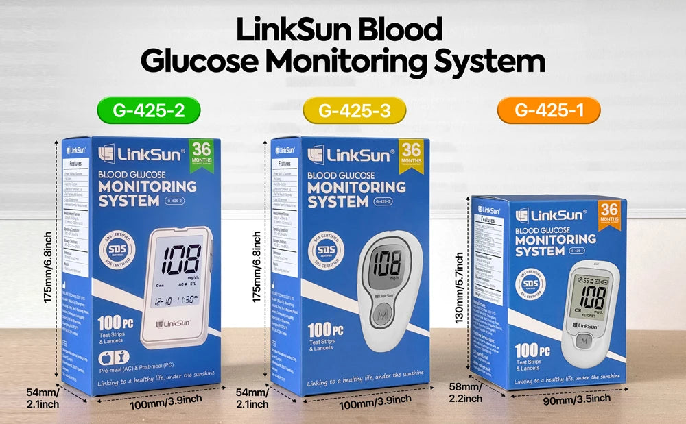 Linksun Blood Glucose Meter G-425-3 Kit – No-Code Glucometer with Test Strips & Lancets