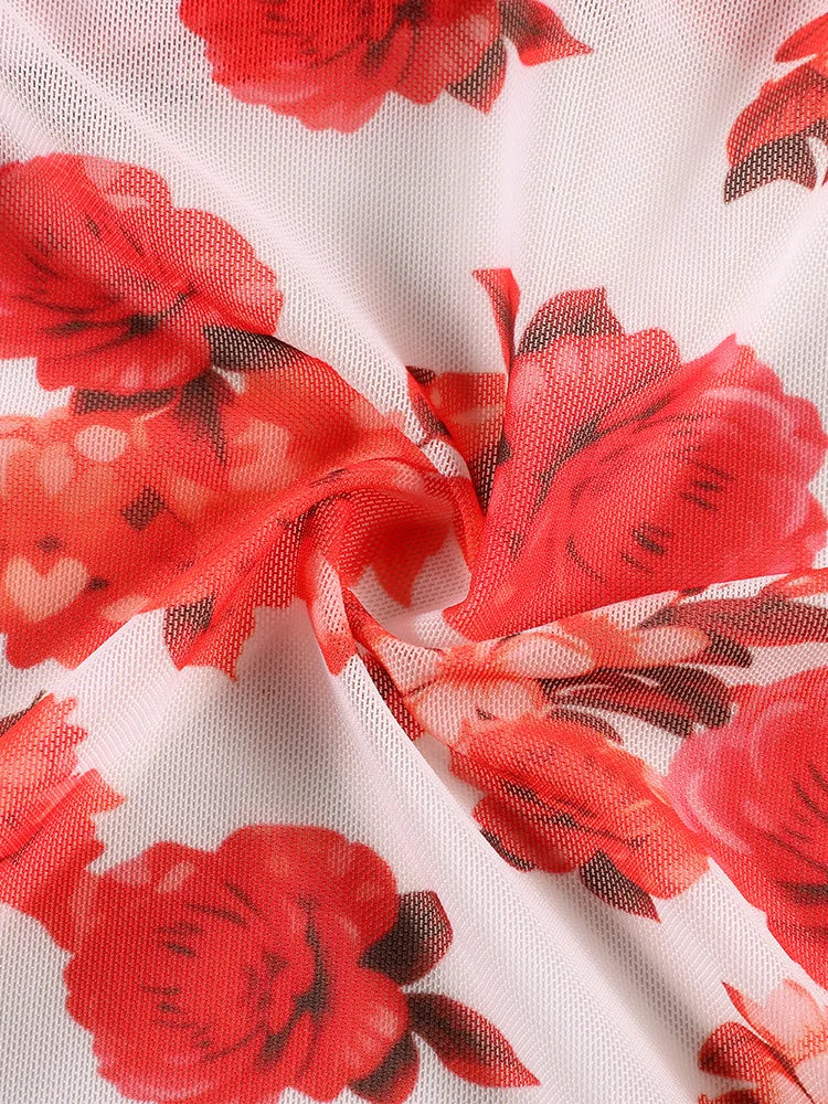 Long Dress Bikini Cover Up | Print Mesh Swimwear, Sexy Floral, Bandage Detail, S-XL