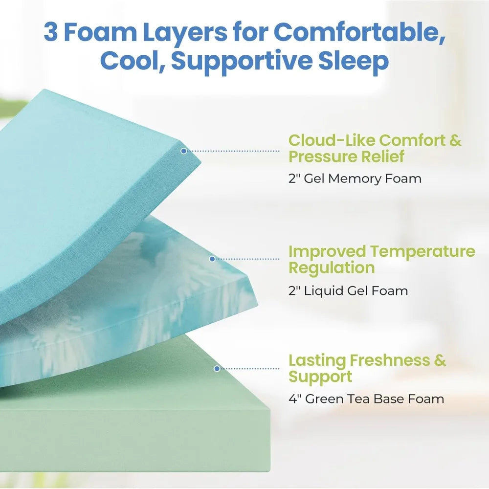 8 Inch Green Tea Gel Memory Foam Mattress – 3-Layer Cooling Foam, Medium Firmness, Multiple Sizes