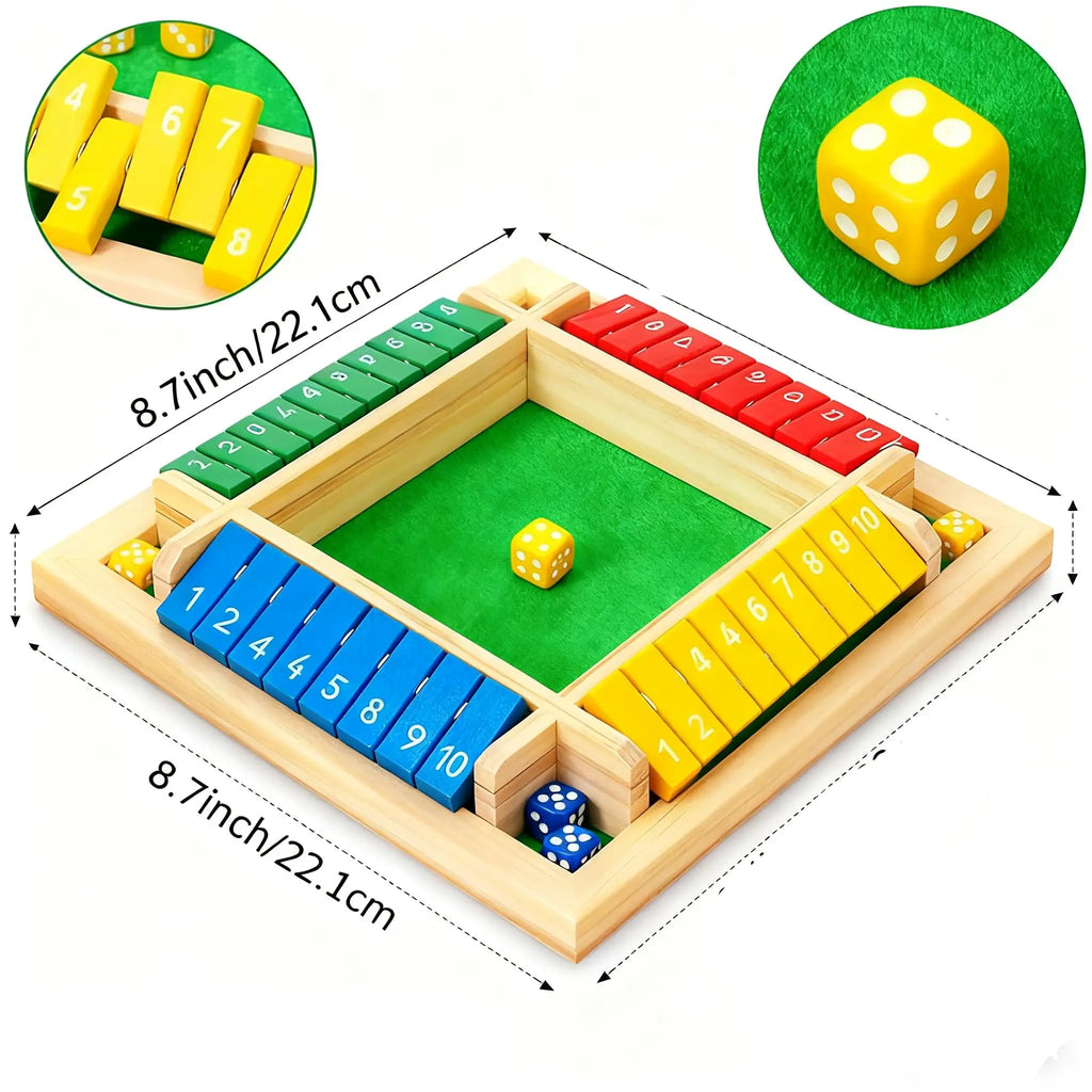 Shut the Box – Wooden Dice Board Game for 2-4 Players, Four-Sided Flip Card Math Game
