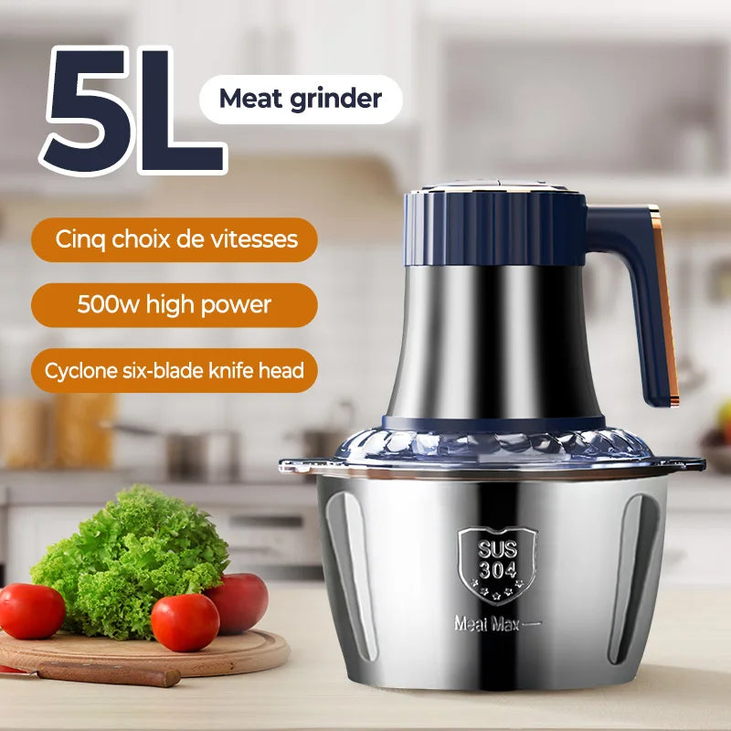 5L Electric Meat Grinder & Food Crusher – Stainless Steel, Multifunctional Vegetable Slicer, Chopper & Blender