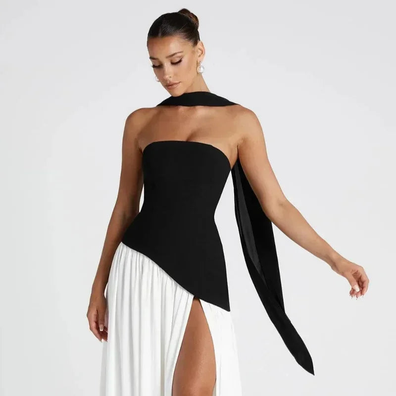 Pleated Off-Shoulder Maxi Dress — High Slit Scarf Slim Fit Evening Party Dress