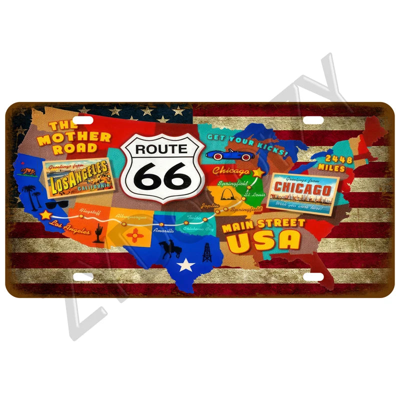 Route 66 Vintage Car Garage Tin Sign — Retro Wall Art Decor