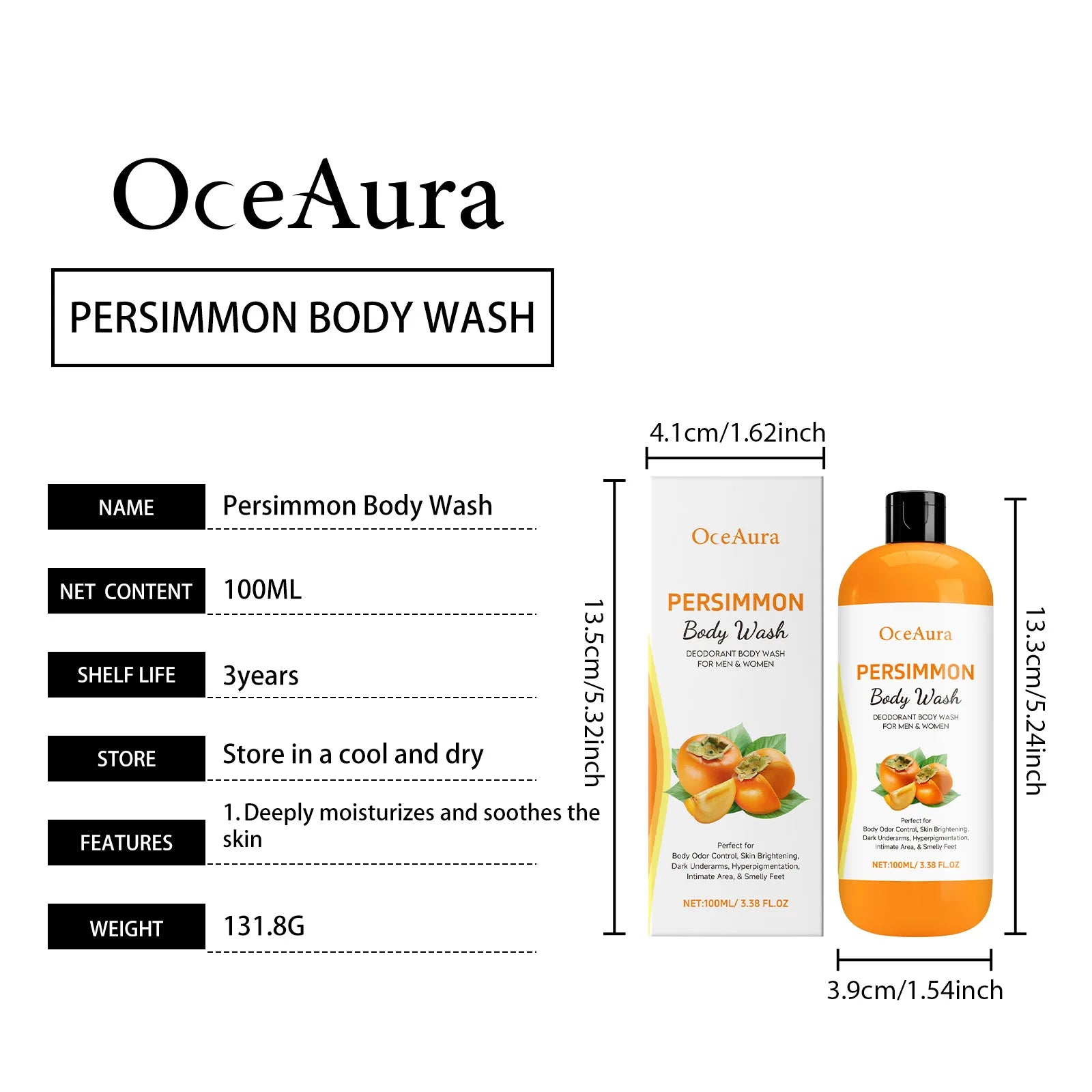 Persimmon Body Wash Gel — Gentle Cleansing, Moisturizing & Body Odor Remover Shower Gel 100ml