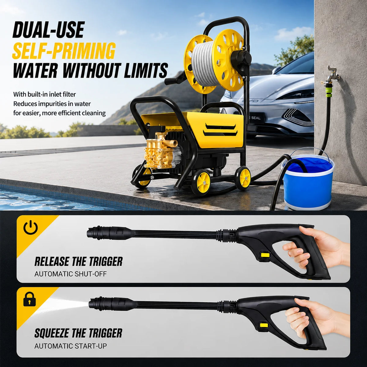 220V Household High Pressure Car Washer Portable Boost Water Gun with Roller Mobile Cleaning Machine for Car Yard Washing
