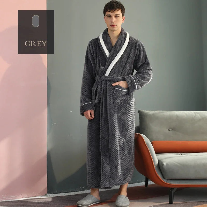 Thicken Flannel Couple Robe with Pockets | Long Winter Bathrobe Gown for Men & Women