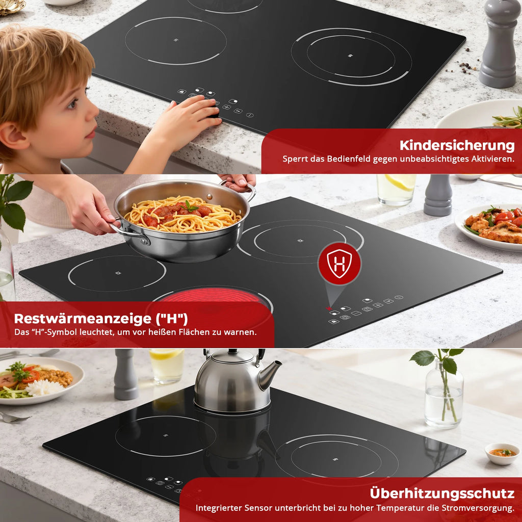 6000W 4-Zone Ceramic Induction Hob – 60cm Black Glass, Touch Control, 9 Power Levels, Timer & Child Lock