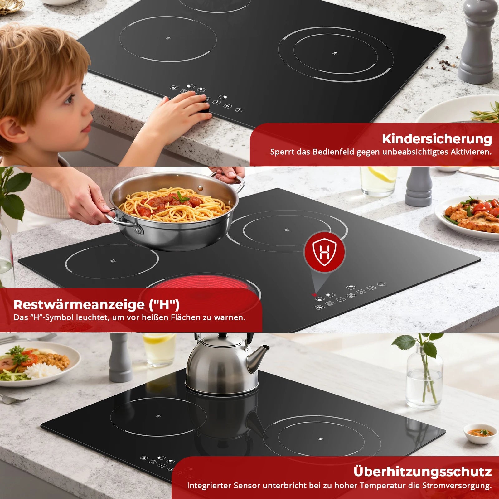 6000W 4-Zone Ceramic Induction Hob – 60cm Black Glass, Touch Control, 9 Power Levels, Timer & Child Lock