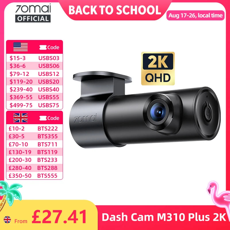 70mai M310 Plus 2K Dash Cam – 1440P QHD, 143° FOV, Voice Control, 24H Parking Guard, Night Vision