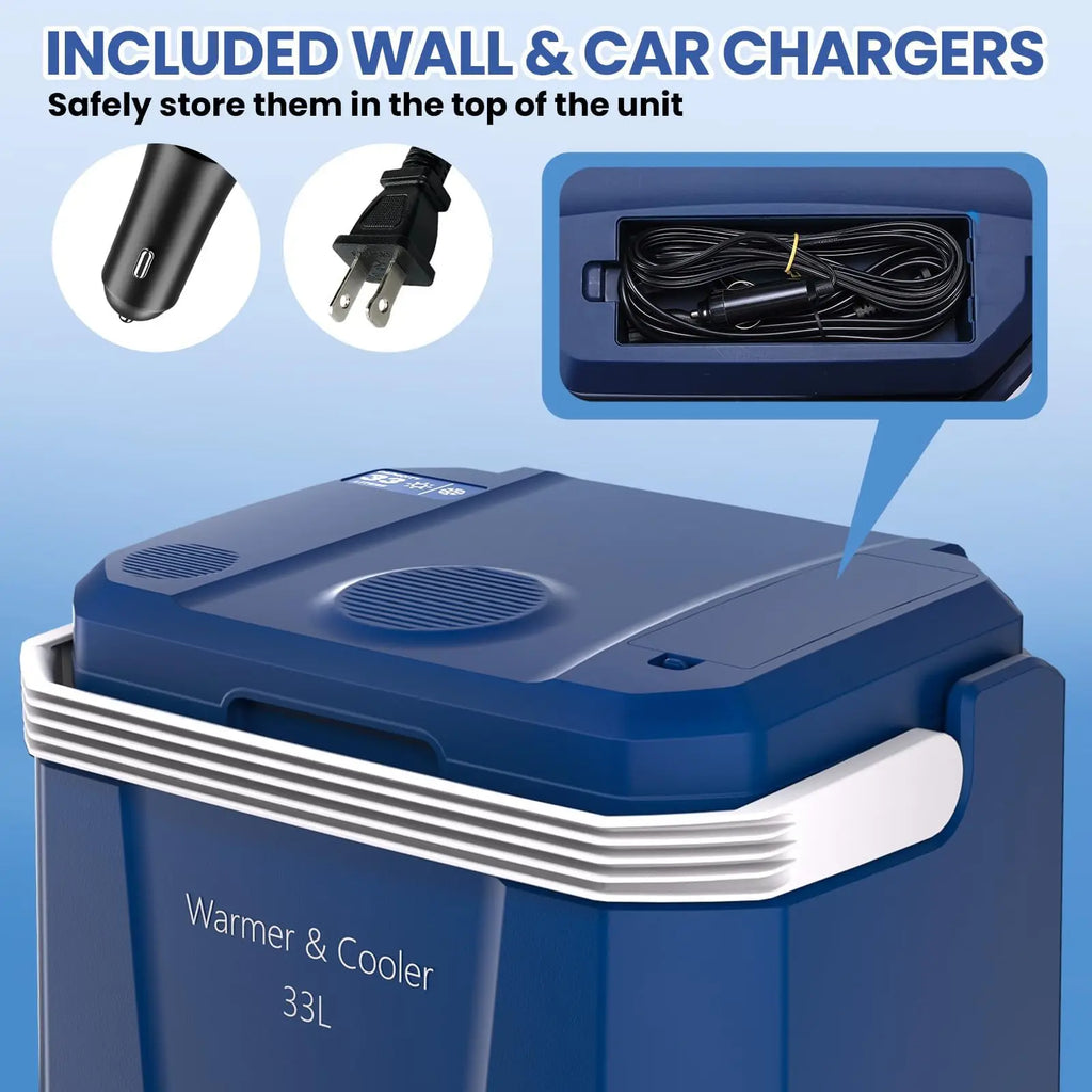 35QT Electric Cooler — Portable Car Refrigerator & Plug-In Cooler with 12V DC & AC Power, Locking Handle for Camping, Road Trips & Home Use