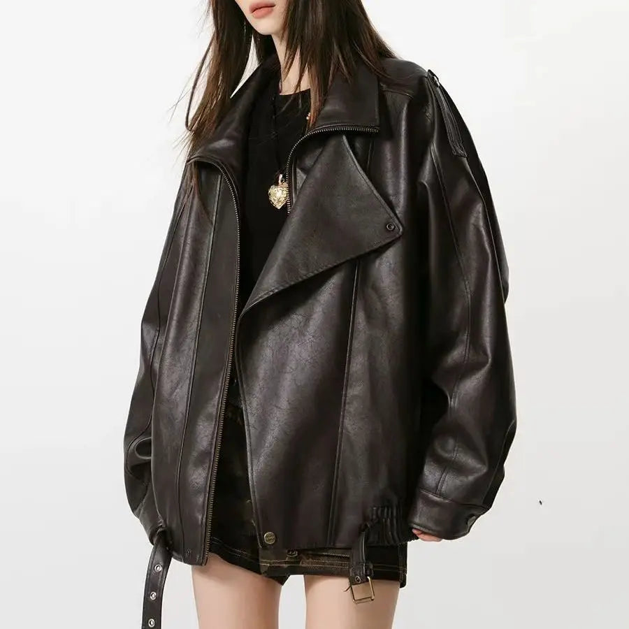 Women's Faux Leather Jacket – Loose Fit Zip Front
