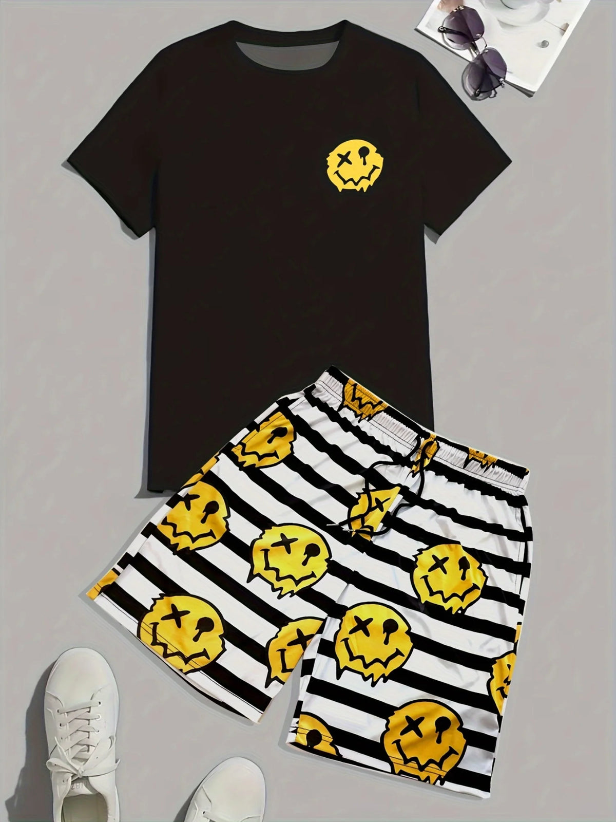 Men's Hip-Hop Bear Print Short Sleeve Sports Set – Quick-Dry 2-Piece Streetwear