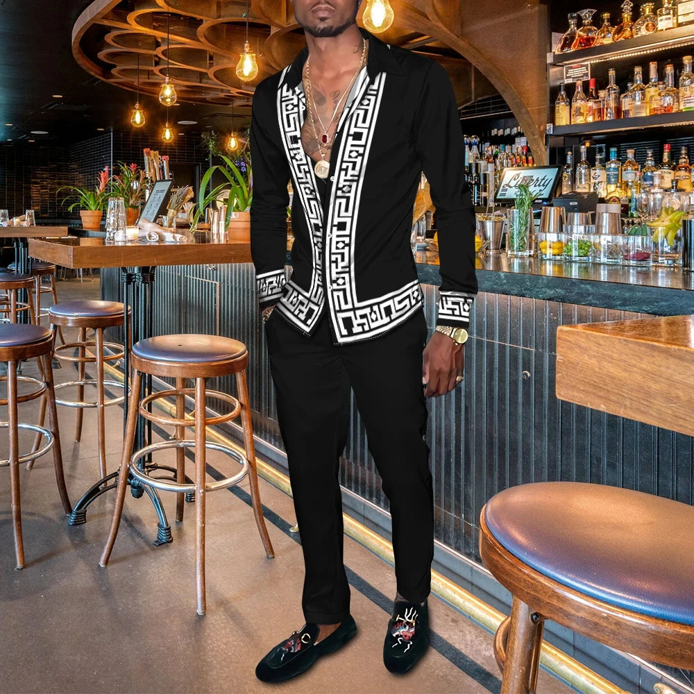 Men's 3D Retro Harajuku Print Long Sleeve Lapel Shirt & Long Pants 2-Piece Set