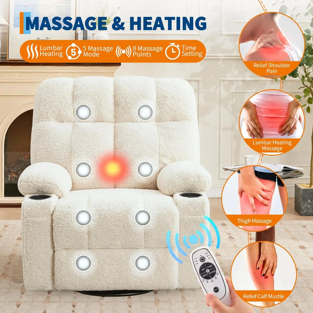 Swivel Rocker Recliner with Heat, Massage & Cup Holders
