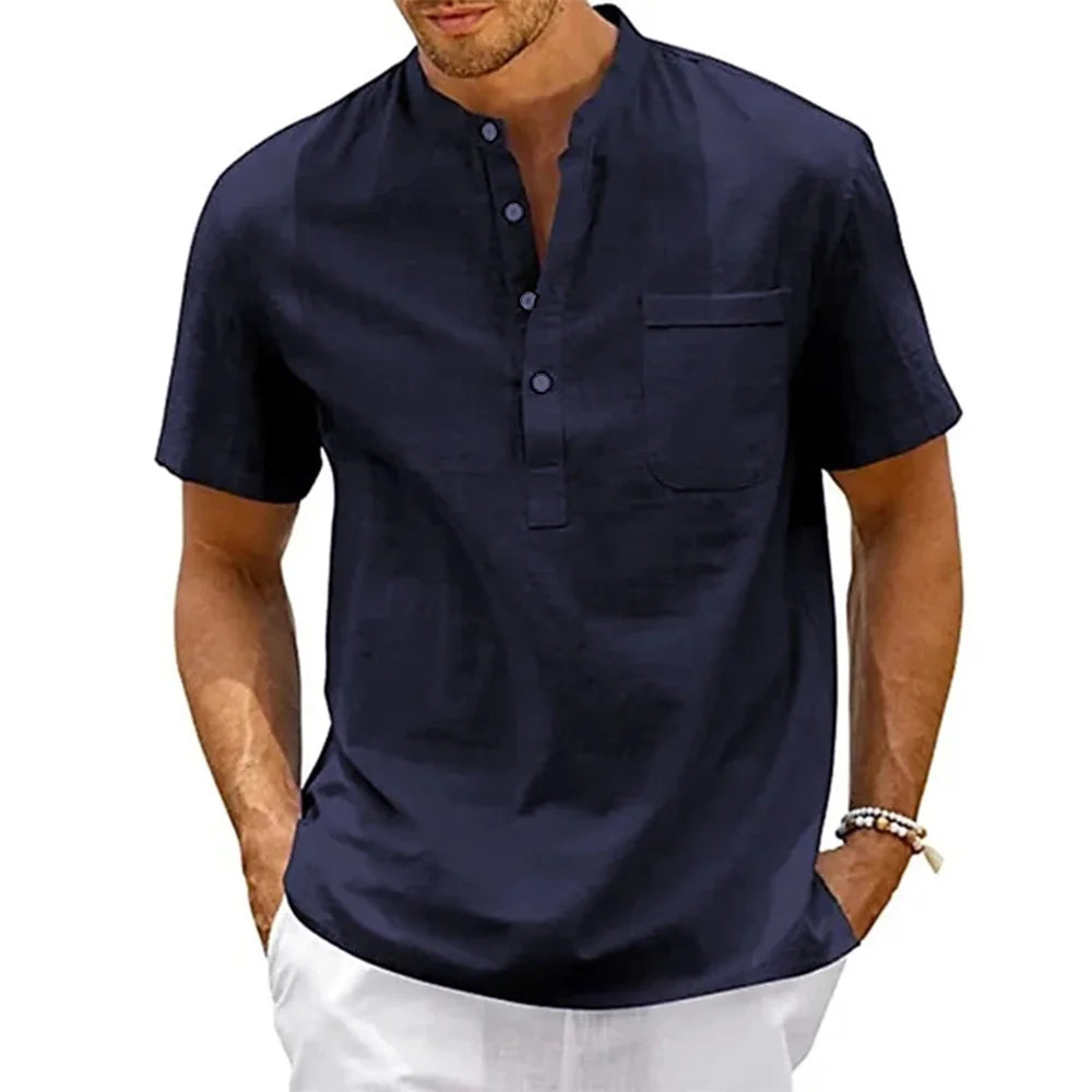 Men's Cotton Linen Henley Beach Short Sleeve Shirt — Lightweight Summer Casual Shirt