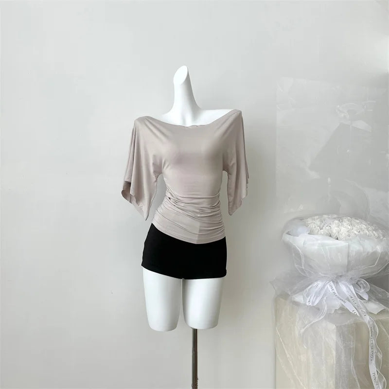 Women's Slash Neck Flare Sleeve Slim Pleated T-Shirt – Sexy Solid Color Pullover Top