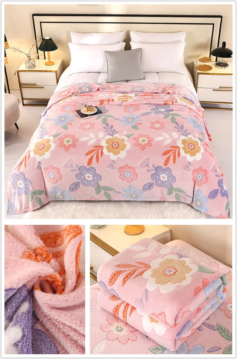 Floral Fleece Blanket – Warm Travel Shawl & Sofa Nap Blanket, Pet-Friendly, 70x100cm