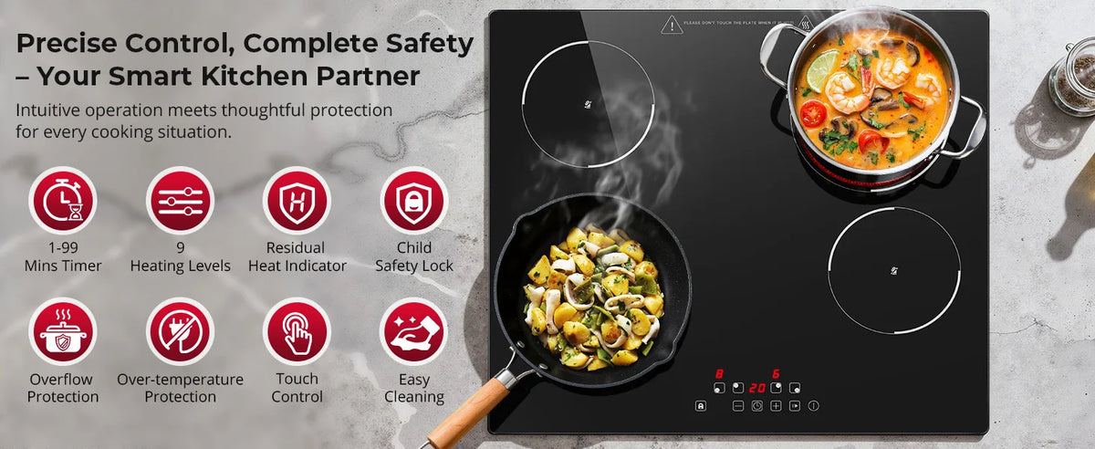 6000W 4-Zone Ceramic Induction Hob – 60cm Black Glass, Touch Control, 9 Power Levels, Timer & Child Lock