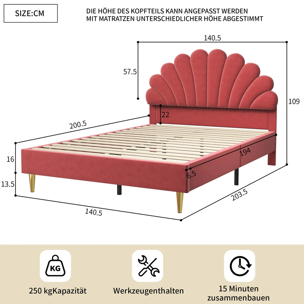 Elegant Upholstered Double Bed Frame – Flower-Shaped Headboard, Velvet Cover, 140x200cm, No Mattress