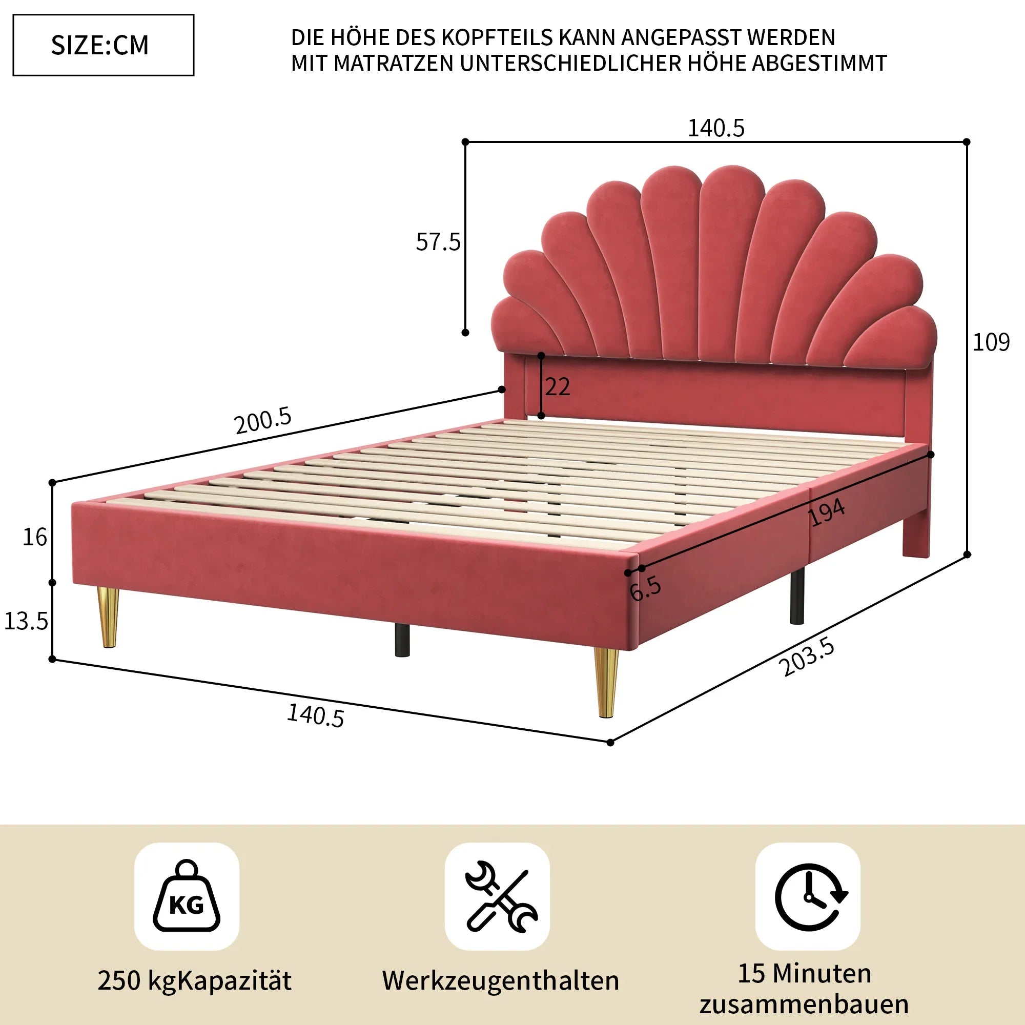 Elegant Upholstered Double Bed Frame – Flower-Shaped Headboard, Velvet Cover, 140x200cm, No Mattress