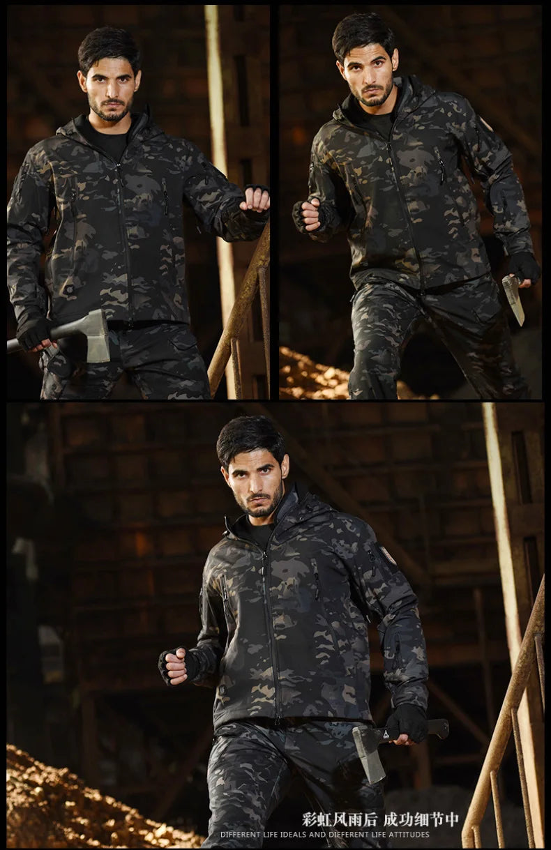 Men's Camouflage Tactical Set – Waterproof Softshell Fleece Jacket & Cargo Pants