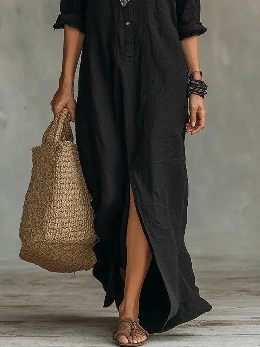 Women's Casual Long Sleeve Loose Maxi Dress – Solid Color Turn-Down Collar Beach & Elegant Dress