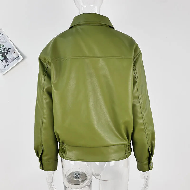 Women's Green Faux Leather Jacket – Loose Fit Lapel