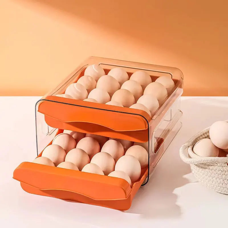 2-Layer Drawer Egg Storage Box – 32-Grid Fridge Egg Organizer, Dust-Proof & Stackable