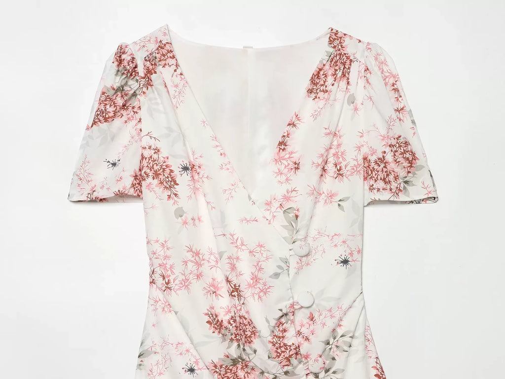 Women's Floral Ruffle Slim Dress – Deep V-Neck Double Layered Ruffled Hem Party & Daily Gown
